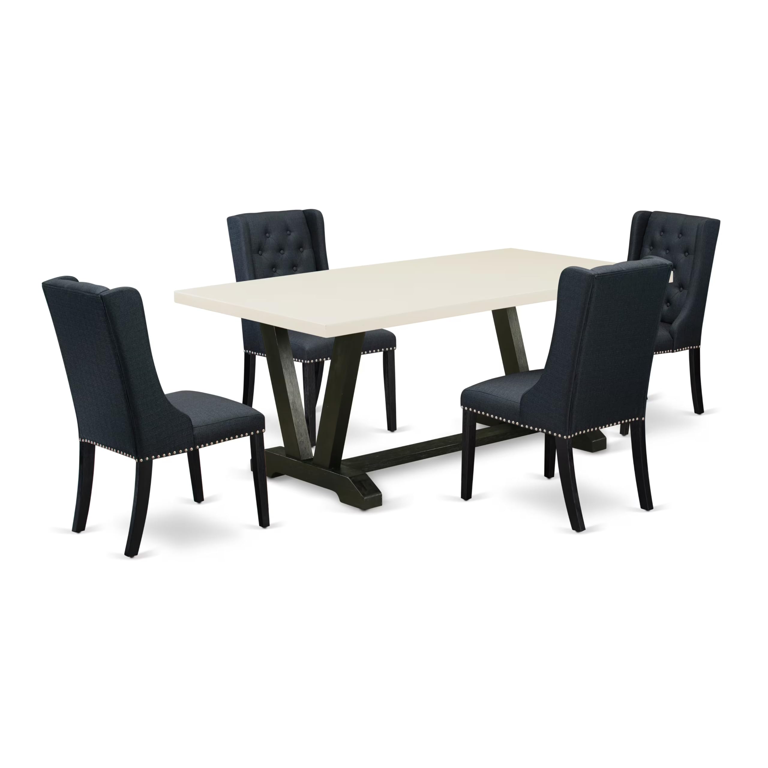 East West Furniture V627FO624-5 5 Piece Dining Room Furniture Set Includes a Rectangle Dining Table with V-Legs and 4 Black Linen Fabric Upholstered Chairs, 40x72 Inch, Multi-Color
